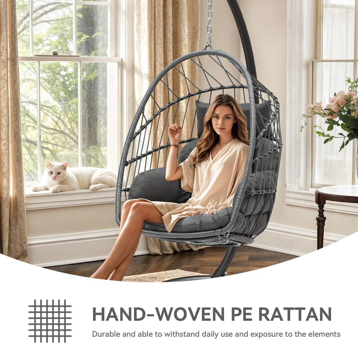 YITAHOME Hanging Egg Chair, Outdoor Patio Wicker Hammock Egg Chair Indoor with Cushion, Rattan Swing Chair 350lbs for Balcony, Garden Bedroom, Gray with Stand YITAHOME