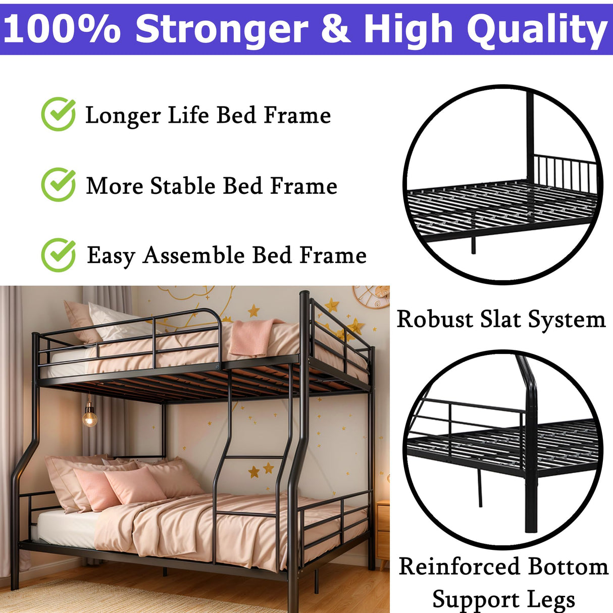 Movdevy Metal Full XL Over Queen Bunk Bed for Kids Adults Teens Boys, Stronger Metal Queen Size Bunk Beds, Heavy Duty Bunk Bed Full XL Over Queen with Ladder & Guardrail, No Box Spring Need (Black) Movdevy