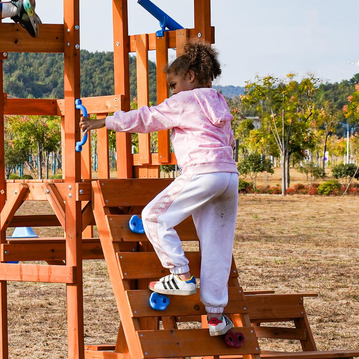 Dolphin Playground Cedar Wooden Swing Sets for Backyard, Playground Sets for Backyards with 2 in 1 Outdoor Table, Wave Slide, Climbing Wall, and 2 Belt Swings, Outdoor Playset, No Monkey Bar DOLPHIN PLAYGROUND T