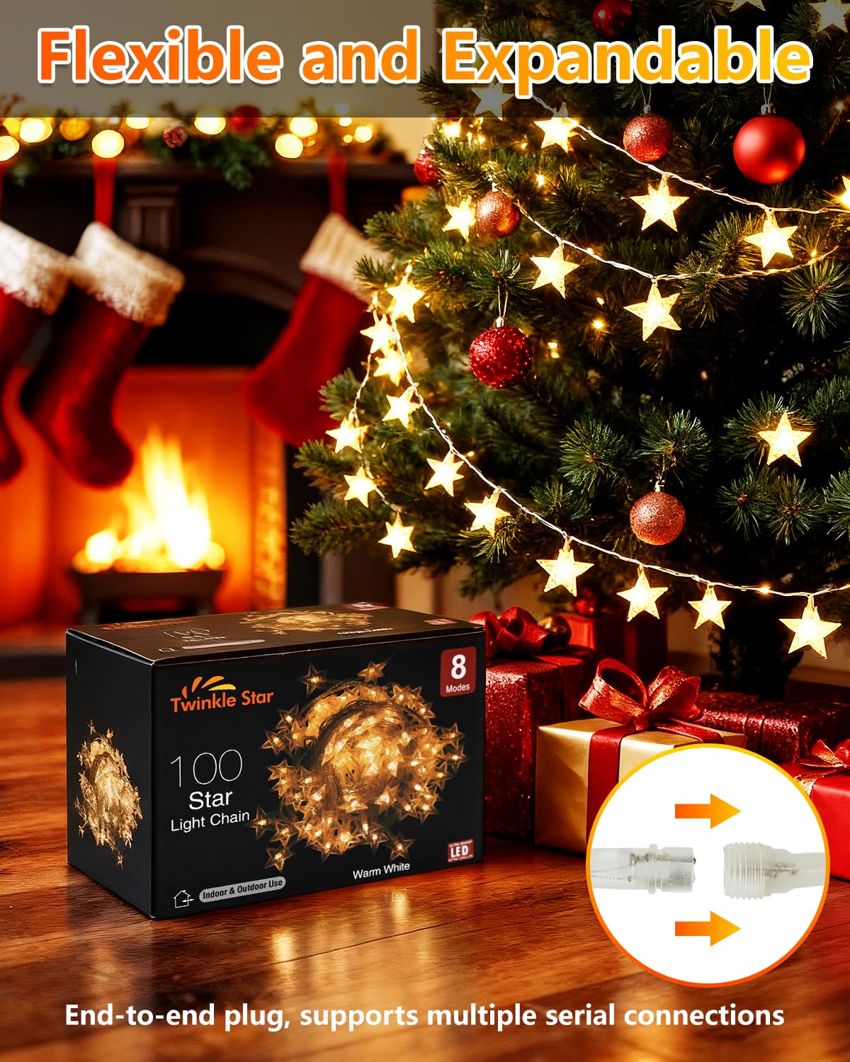 Twinkle Star 100 LED Star String Lights, 33FT Plug in Fairy String Lights Waterproof, Extendable for Indoor, Outdoor, Wedding Party, Christmas Tree, New Year, Ramadan, Garden Decoration, Warm White Twinkle Star