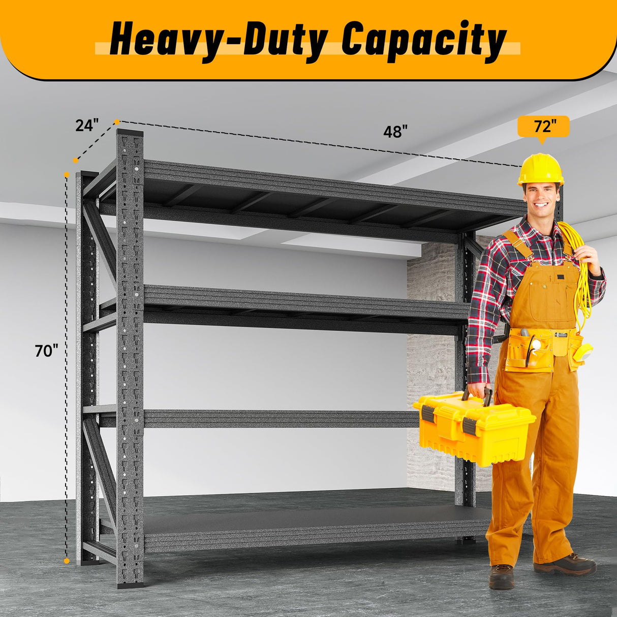 48" Wide Garage Shelving Heavy Duty 4-Tier Adjustable Storage Shelves Unit,3000 LBS Metal Utility Rack Shelf for Industries, Warehouses, Basement,Black (48" W x 24" D x 70" H) heycode