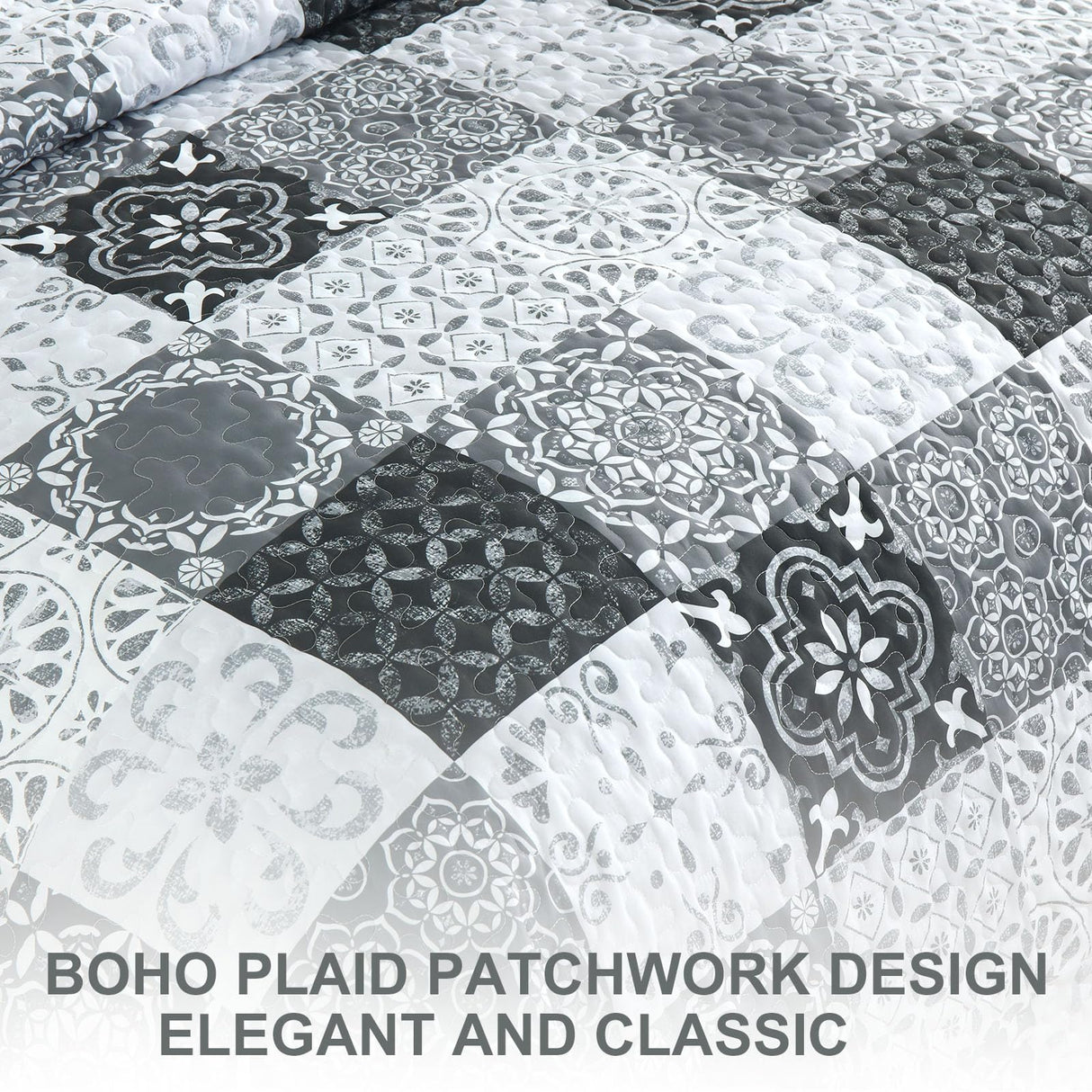 Dobuyly Grey Black Quilt Set Queen Size, Boho Plaid Patchwork Bedspreads Coverlet Set, 3 Pieces Soft Lightweight Microfiber Farmhouse Quilt Bedding Set for All Seasons 96"x90" Dobuyly