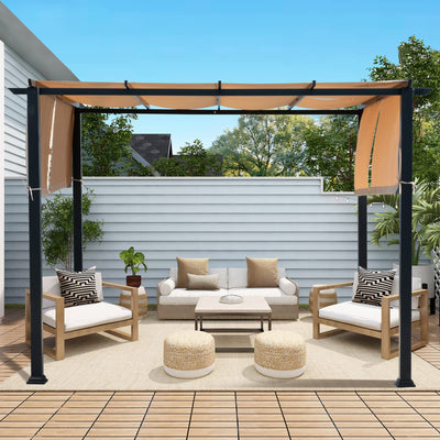 Warmally 10'x10' Outdoor Retractable Pergola, Aluminum Frame Patio Pavilion with Sun Shade Canopy Cover, Sun Shelter Gazebo for Deck, Porch, Garden, Lawn (Beige)