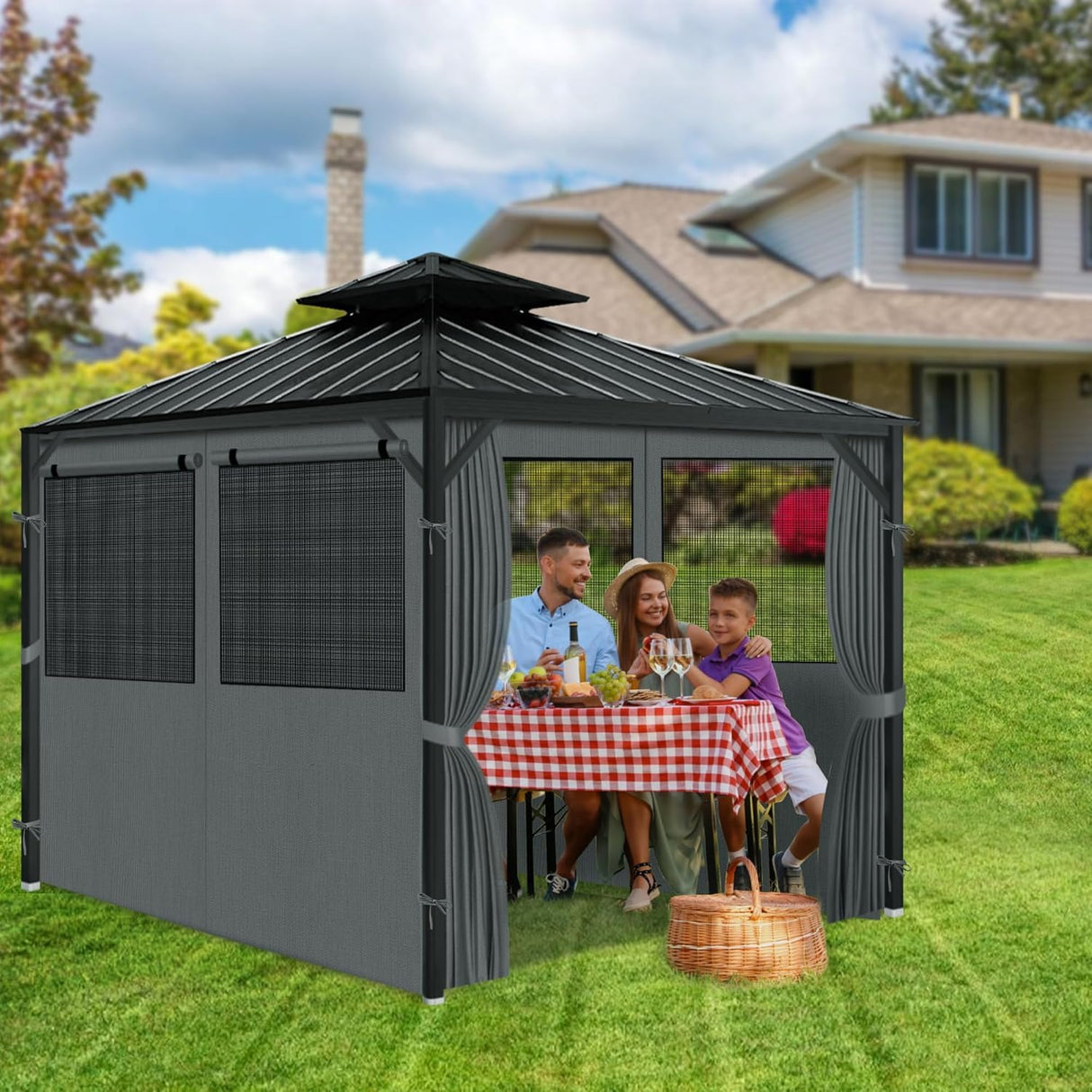 aonear Gazebo Privacy Curtains 10' x 12' with Mosquito Windows, 4-Panels Side Wall with Zipper Universal Replacement for Patio, Outdoor Canopy, Garden and Backyard, Gray (Curtain Only) aonear