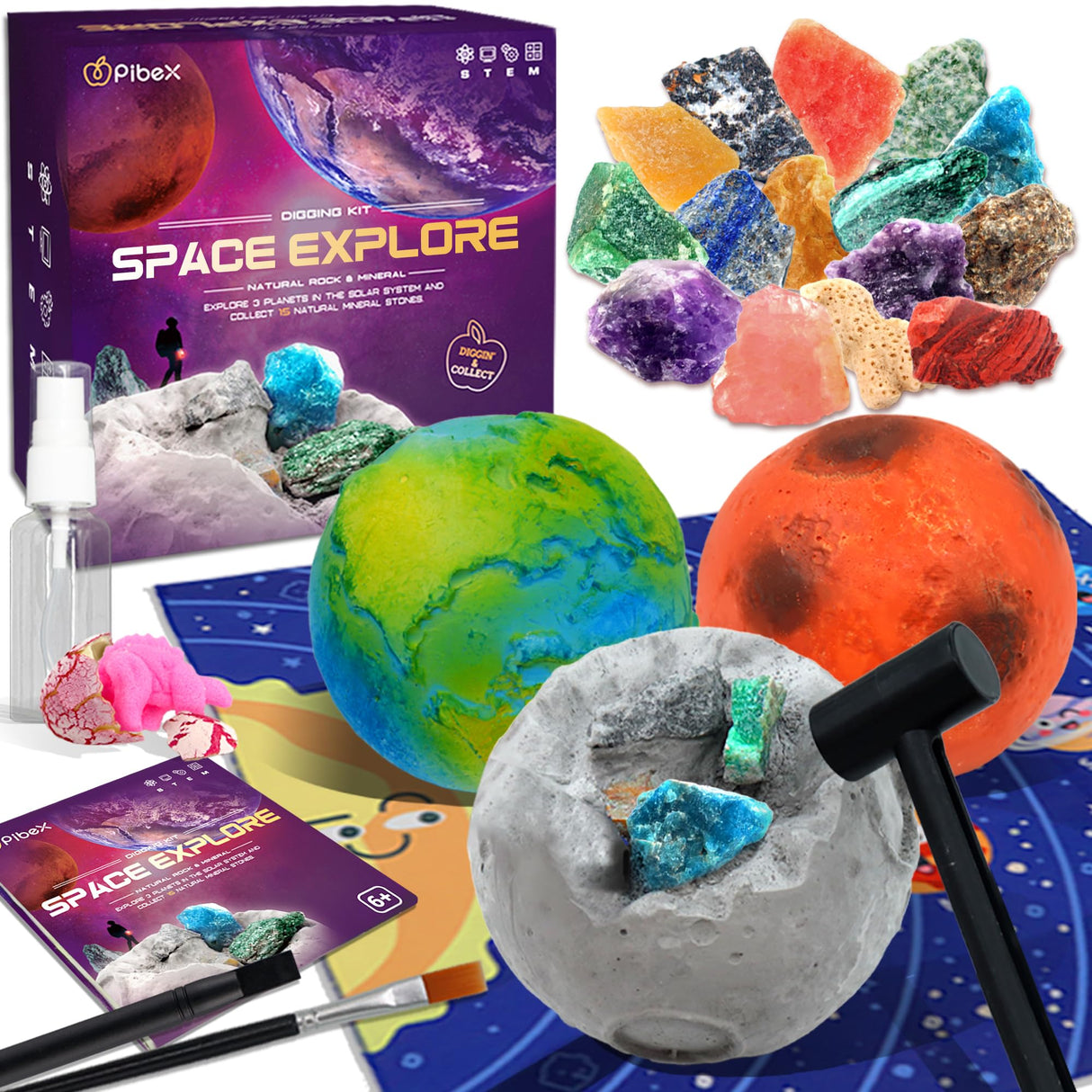 PIBEX Gemstone Dig Kit, Dig up 15 Rocks & Minerals from Earth Moon Mars, Solar System Planets Geology Science Set, Space Rock Mining Toys for Kids, STEM Gift for Boys & Girls Age 6-8-12 PIBEX