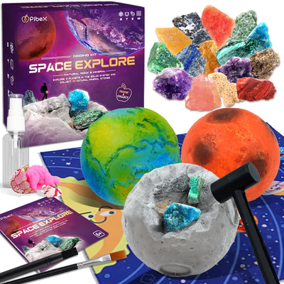 PIBEX Gemstone Dig Kit, Dig up 15 Rocks & Minerals from Earth Moon Mars, Solar System Planets Geology Science Set, Space Rock Mining Toys for Kids, STEM Gift for Boys & Girls Age 6-8-12