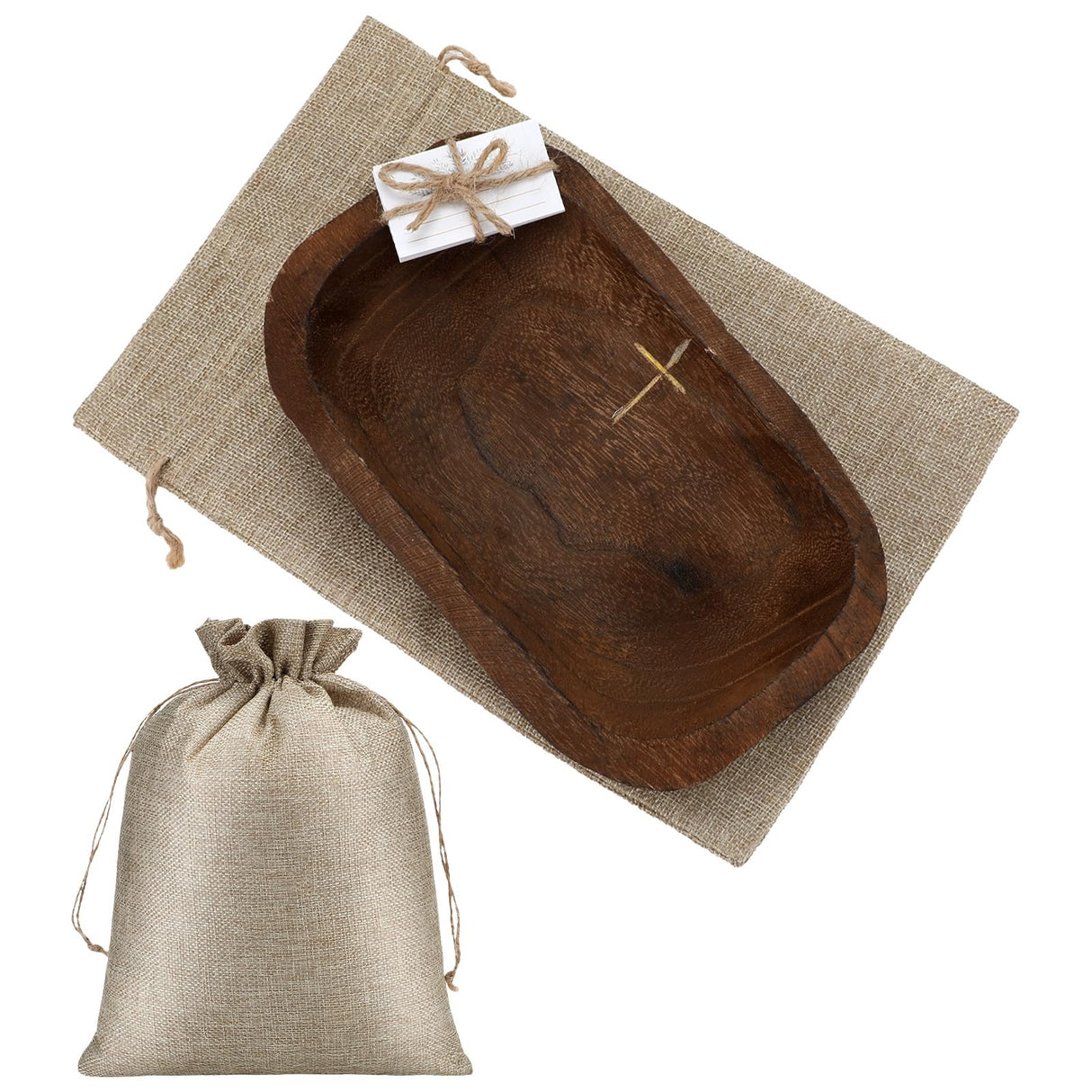 Eaasty 1 Set Prayer Wooden Dough Bowl with Card Religious Cross Christian Prayer Religious Gift for Women 10 Blessing Card Small Bowl Congregation Gift Resin Bread Container with Linen Bag (Brown) Eaasty
