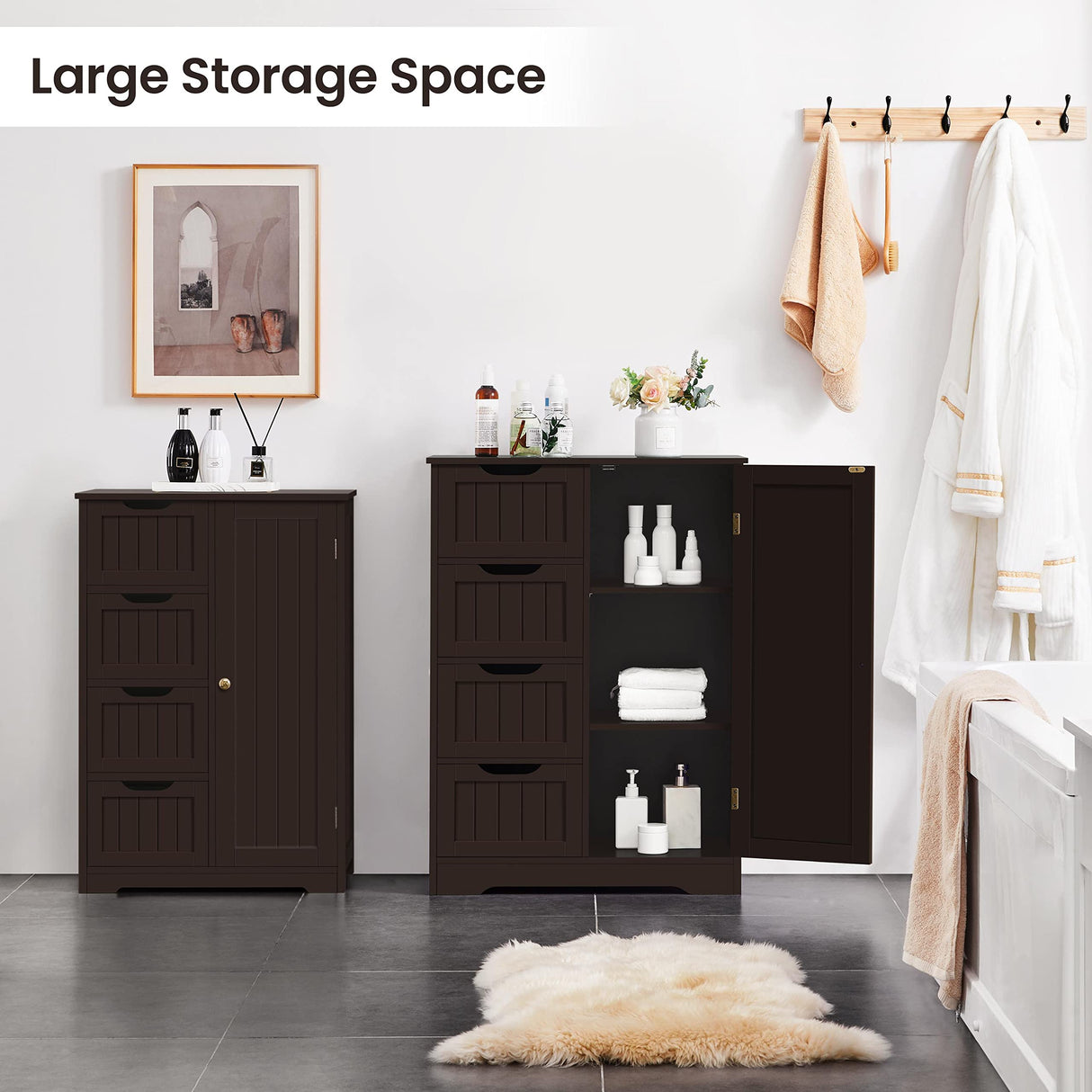Yaheetech Large Bathroom Floor Cabinet with 4 Drawers and Single Door Cabinet, Freestanding Storage Cabinet for Living Room Kitchen Hallway, Espresso Yaheetech