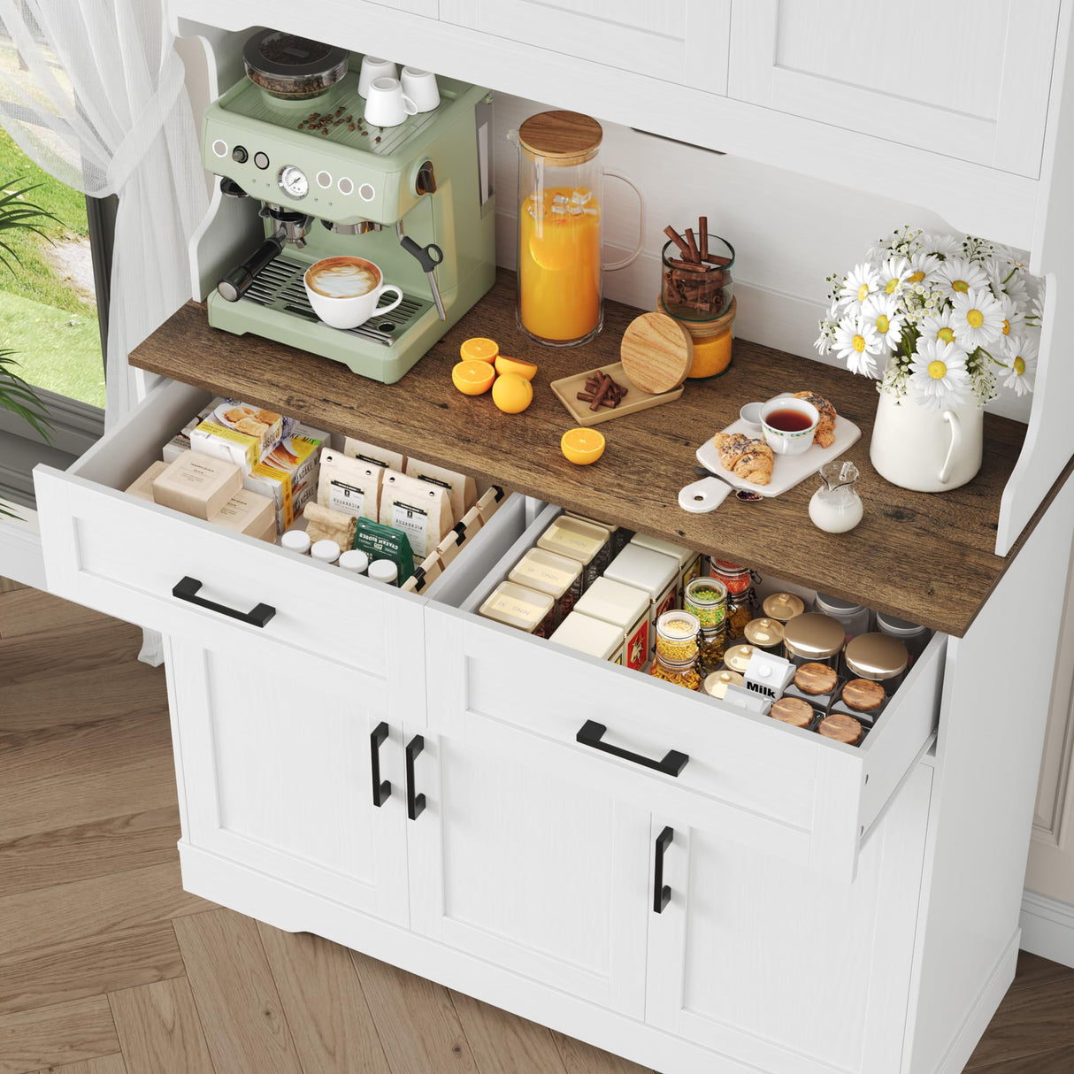 FACBOTALL Tall Kitchen Pantry Cabinet, Farmhouse Food Pantry Cabinet with Doors and Adjustable Shelves, Kitchen Hutch with Countertop and Microwave Stand for Dining Room, Living Room, White FACBOTALL