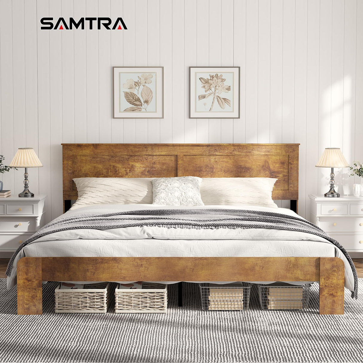 SAMTRA Wooden Bed Frame King Size with Headboard, Farmhouse Platform Bedframe with Wood Slat Support, Sturdy Framework Bed Frame, Easy Assembly (Rustic Brown) SAMTRA