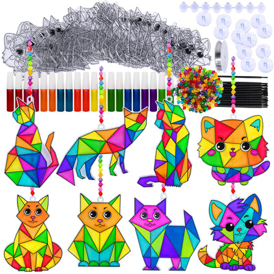 Winlyn 24 Sets Cat Suncatcher Ornaments Decorations DIY Window Paint Art Craft Kits Rainbow Kitten Sun Catchers Painting Kit for Kids Classroom Activities Birthday Summer Camping Party Art Project