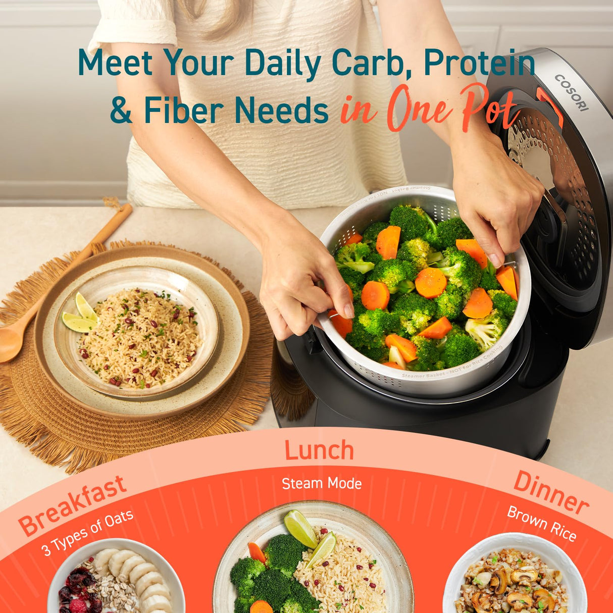 COSORI Rice Cooker 10 Cup, 24h Keep Warm, 18 Functions Fuzzy Logic Rice Maker with Stainless Steel Steamer Basket, Sautรฉ, Slow Cooker, Black COSORI