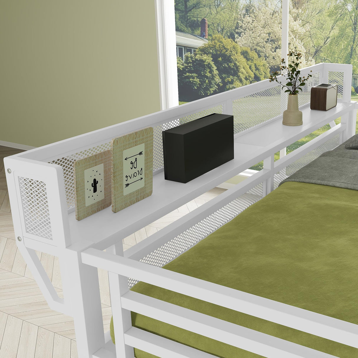 KEIKI Full Size Metal Loft Bed Frame with Convertible Staircase, Built-in Storage Shelves & Wardrobe, Loft Bed with Solid Slats & Guardrail, No Box Spring Required, Easy Assembly, for Bedroom, White KEIKI