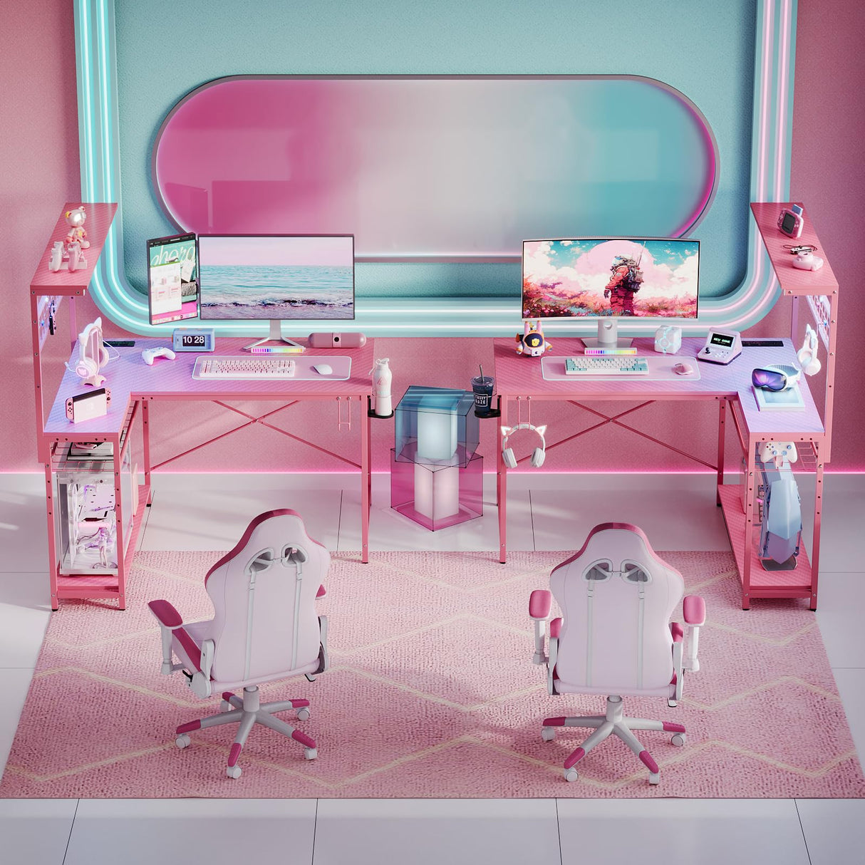 Bestier 42 L Gaming Desk,Computer Desk with Power Outlets, LED Lights, Reversible Corner Desk with 4-Tier Shelves,Cup Holder & Hook Carbon Fiber Pink Bestier