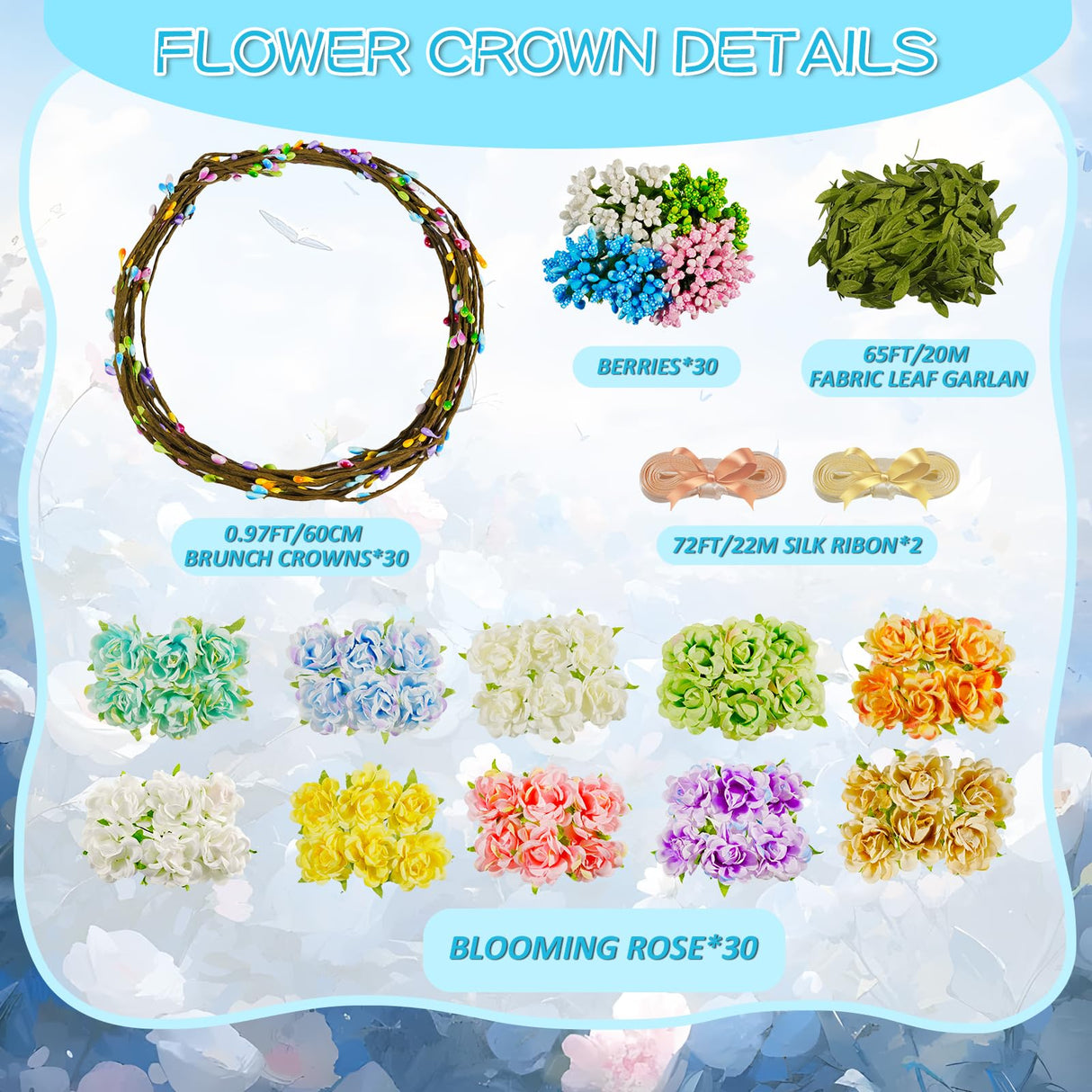 Timlotti 141Pcs(30 Set) Flower Crowns Kit for Girls Flower Crowns Making Kit Make Your Own Floral Crowns Garland Wreath with Berries and Ribbon for Girls/Teens/Women(Blooming Rose) Timlotti