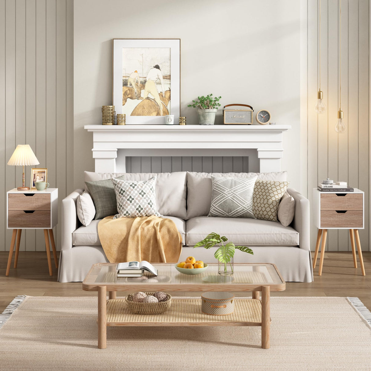 JAXPETY Nightstands Set of 2, Night Stand with Drawers, Bedside Tables with Solid Wood Legs and Large Storage Space, End Table, Side Table, for Bedroom, White JAXPETY