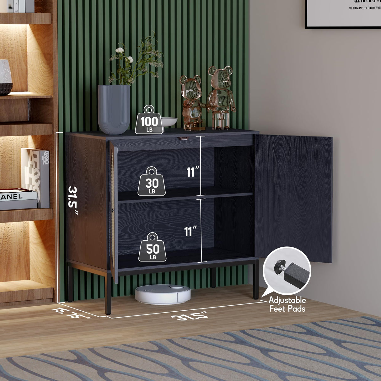 Yechen Set of 2 Sideboard Storage Cabinet with Handmade Natural Rattan Doors, Rattan Cabinet Buffet Cabinet Console for Living Room Dining Room, Black(Oval) Yechen