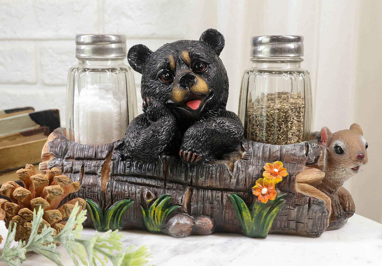 Ebros Black Baby Bear Cub Sitting In Log With Squirrel Salt And Pepper Shakers Holder Statue 6.75"Long Cabin Lodge Whimsical Bear Dining Table Centerpiece Ebros Gift