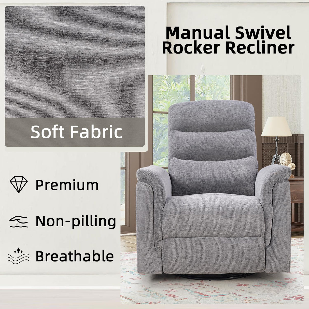 INZOY Swivel Rocker Recliner, Nursery Glider Chair, Manual Chairs Swivel Glider Recliners with Soft Backrest, Fabric Manual Reclining Sofa for Living Room Bedroom Apartment, Grey INZOY