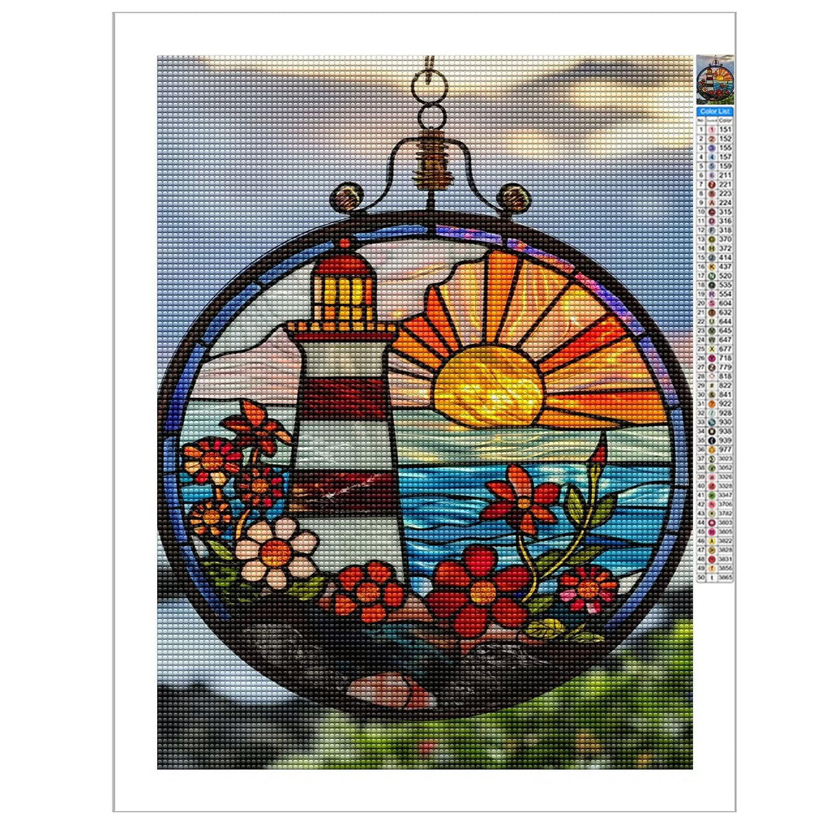 MHELC Diamond Painting Set Stained Glass Lighthouse, Sunrise and Flowers Adult Landscape Set, Glass Painting Suitable for Home Decoration, Digital Artwork and Leisure Activities 12x16 Inches MHELC