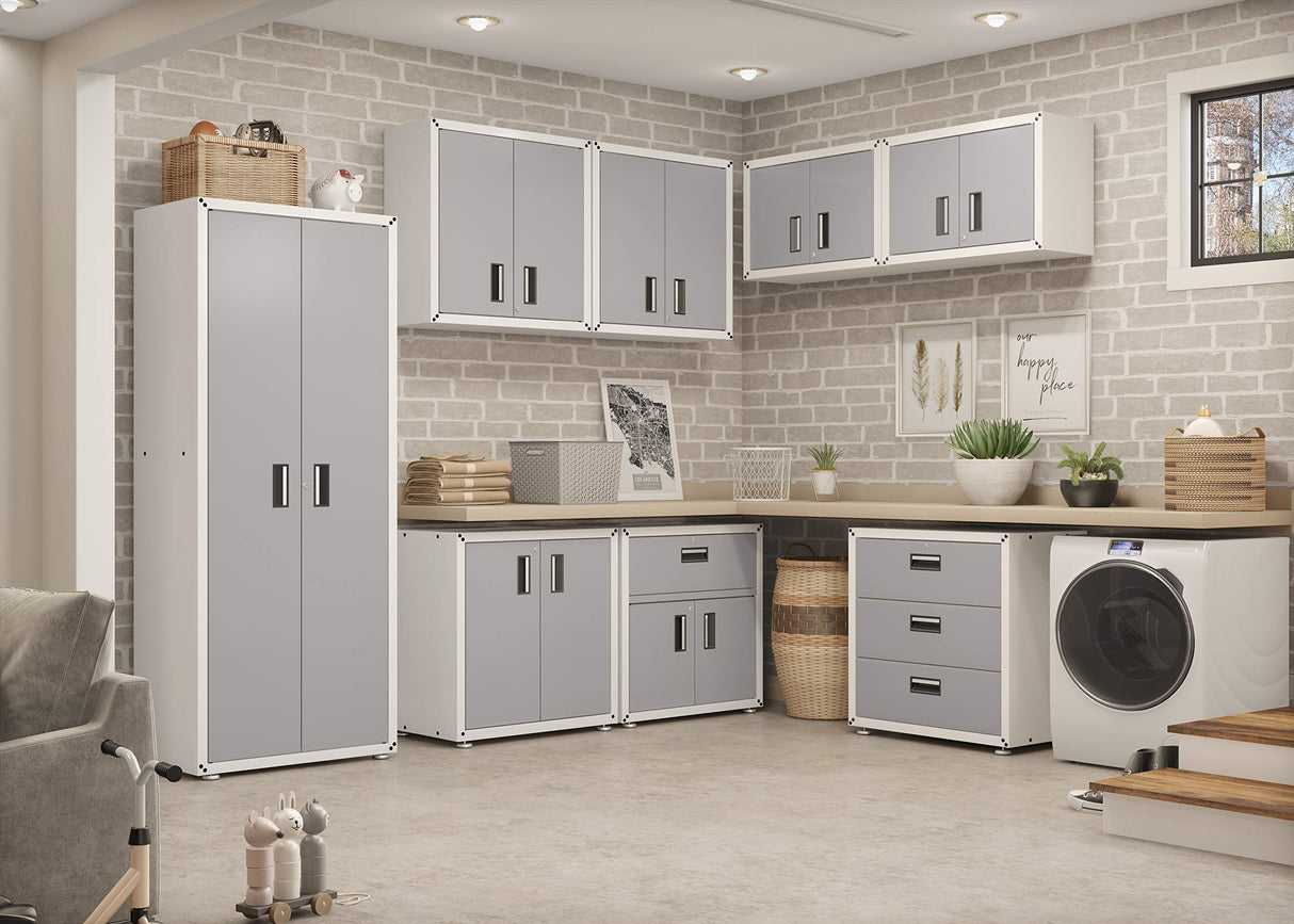 itbe Ready-to-Assemble Floating Garage Storage Cabinet - Wall Mount Garage Cabinet w/Lockable 2 Doors, 44 lbs Shelf Capacity, Removable Shelf, Small Steel Metal Cabinet (White and Grey) itbe