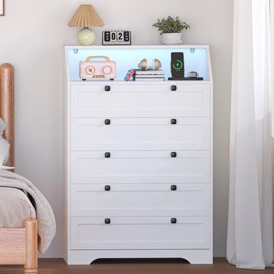 Wodeer White Dresser Tall 5 Drawer Dresser for Bedroom, Wood Chest of Drawers with LED Lights, Charging Station, Metal Handles, Modern Storage Cabinet and Organizer Drawers for Living Room, Hallway