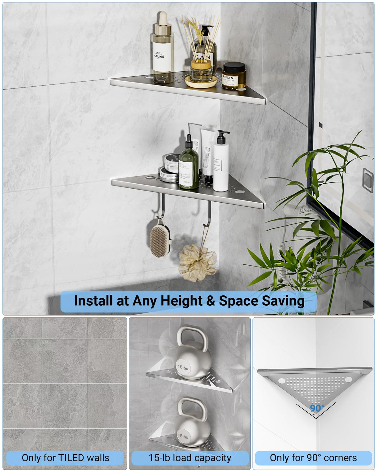 AJOBEND Corner Shower Shelves with Razor Slot & 2 Hooks, 10" Stainless Steel Recessed Triangle Shelf Racks for Bathroom, Grout in Shelf for Tiled Wall, 2 Pack (Holds 15lbs) AJOBEND