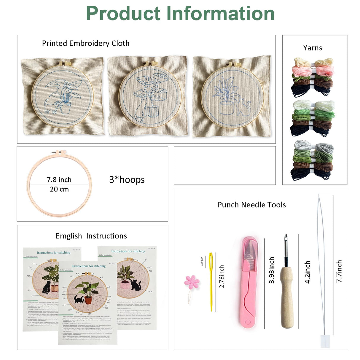 Myfelicity Punch Needle Kit for Adults, Beginners, Kids, Cat and Greenery Patterns, Includes Punching Needle Supplies Myfelicity