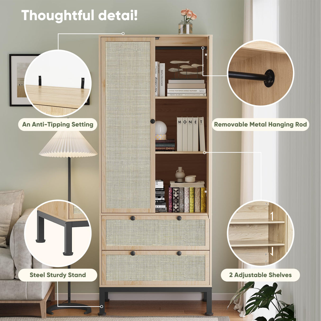 Yechen Natural Rattan Armoire Storage Cabinet, 74" Tall Armoire Closet with Doors, Adjustable Shelves and Drawers, Large Wooden Armoire Wardrobe with 2 Hanging Rods for Bedroom Utility Pantry Yechen