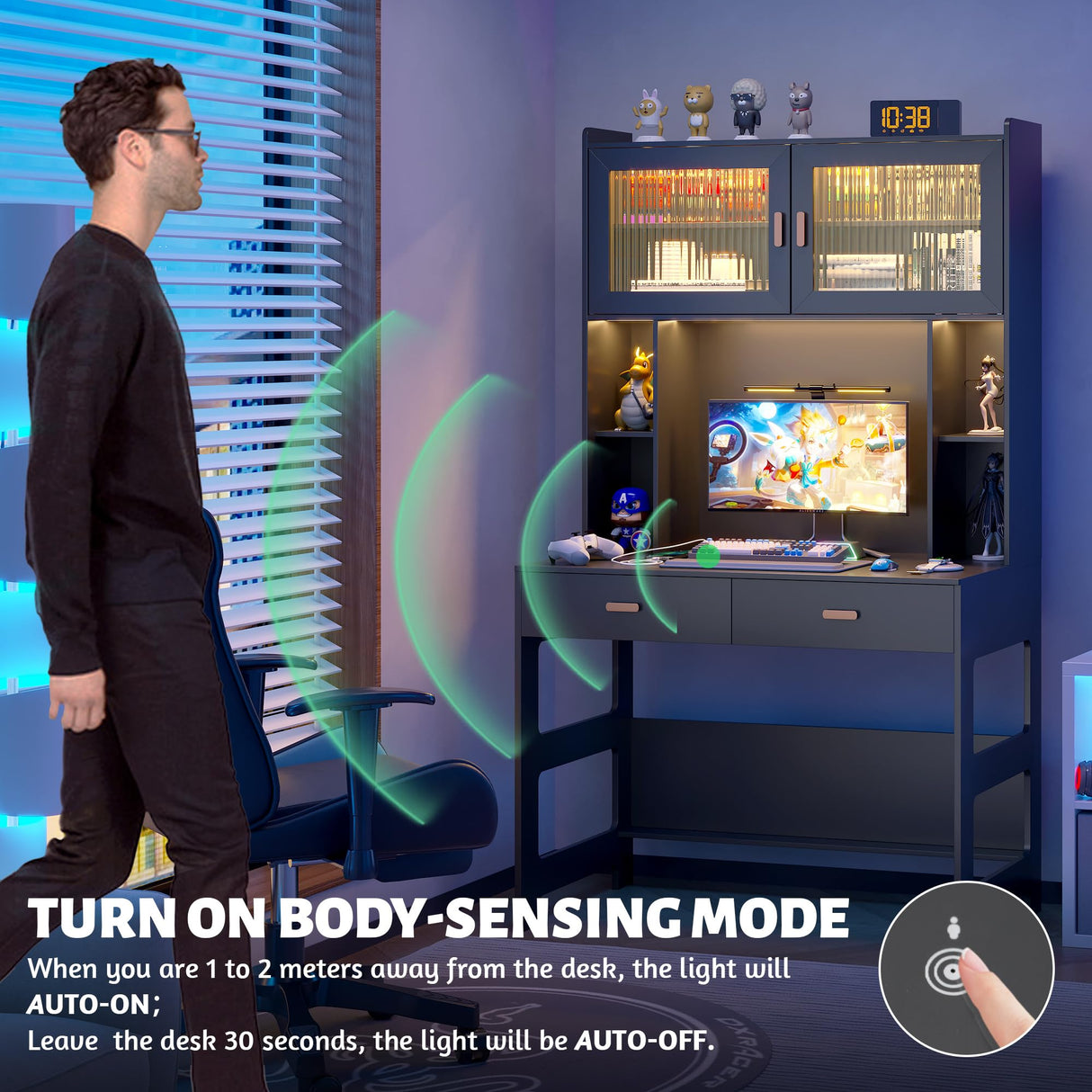 Vlsrka LED Computer Desk with Hutch, 40 Inch Modern Gaming Desk with Power Outlet, Wooden Home Office Desk with Storage Drawers & Shelves (Black) Vlsrka