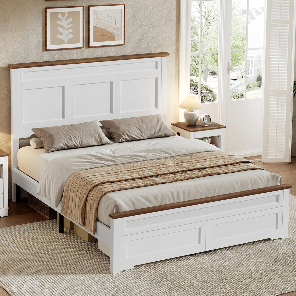 RALGEND Farmhouse Full Size Bed Frame with 51.2" Tall Headboard & Footboard, Wooden Platform Bed Frame with Large Storage Drawers, No Squeak, No Box Spring Needed, White and Walnut RALGEND