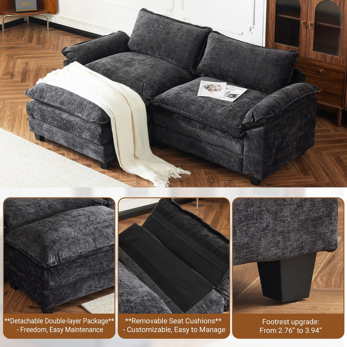 VINGLI 87" Convertible Sectional Sofa,L-Shape Deep Seat Sofa Couch for Living Room,Modern Chenille 2 Seat Loveseat Sofa with Ottoman for Small Space(Black, 87") VINGLI