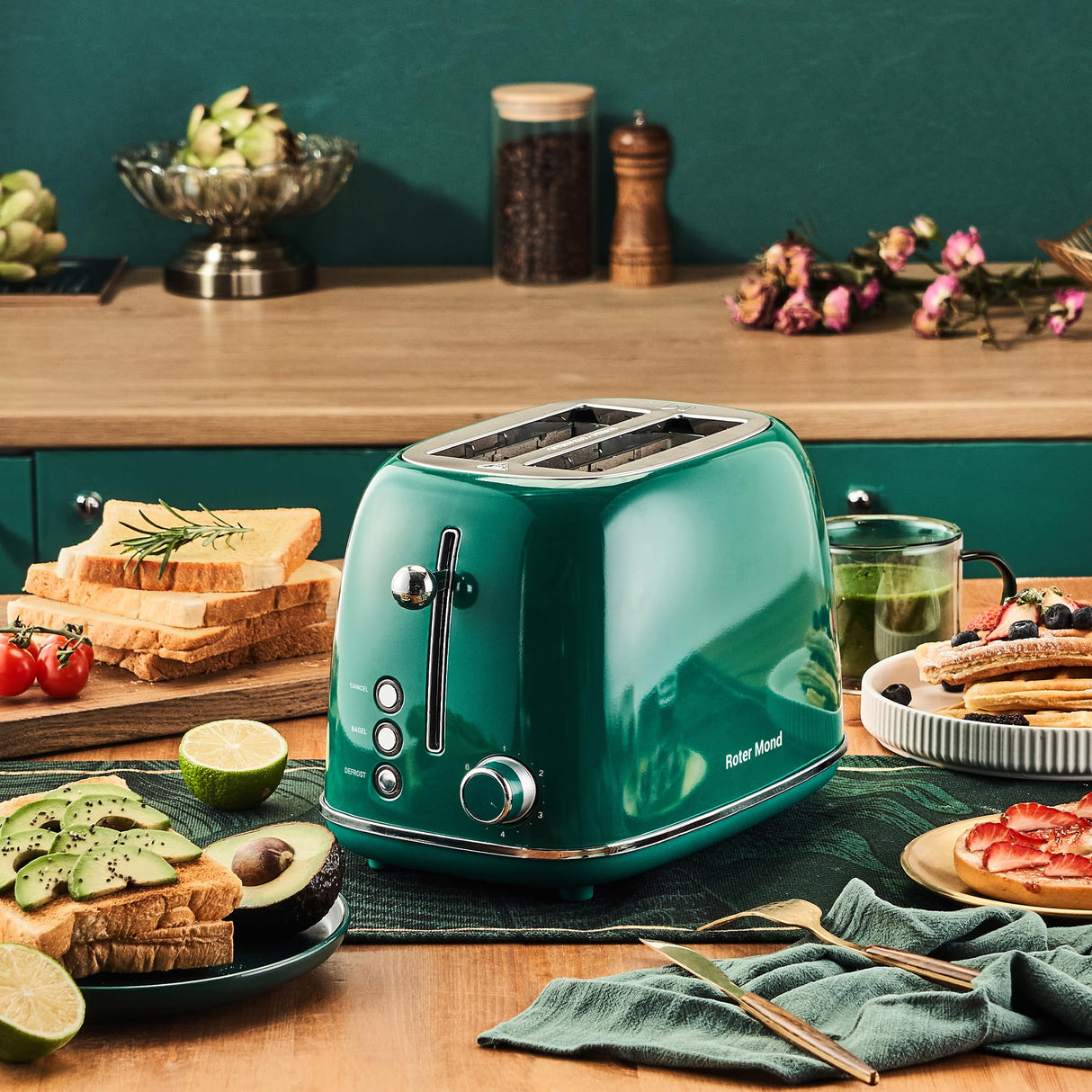 Roter Mond 2 Slice Toaster Retro Stainless Steel with Bagel, Cancel, and Defrost Functions, 6 Bread Shade Settings, Extra Wide Slots and Removable Crumb Tray, Green Roter Mond