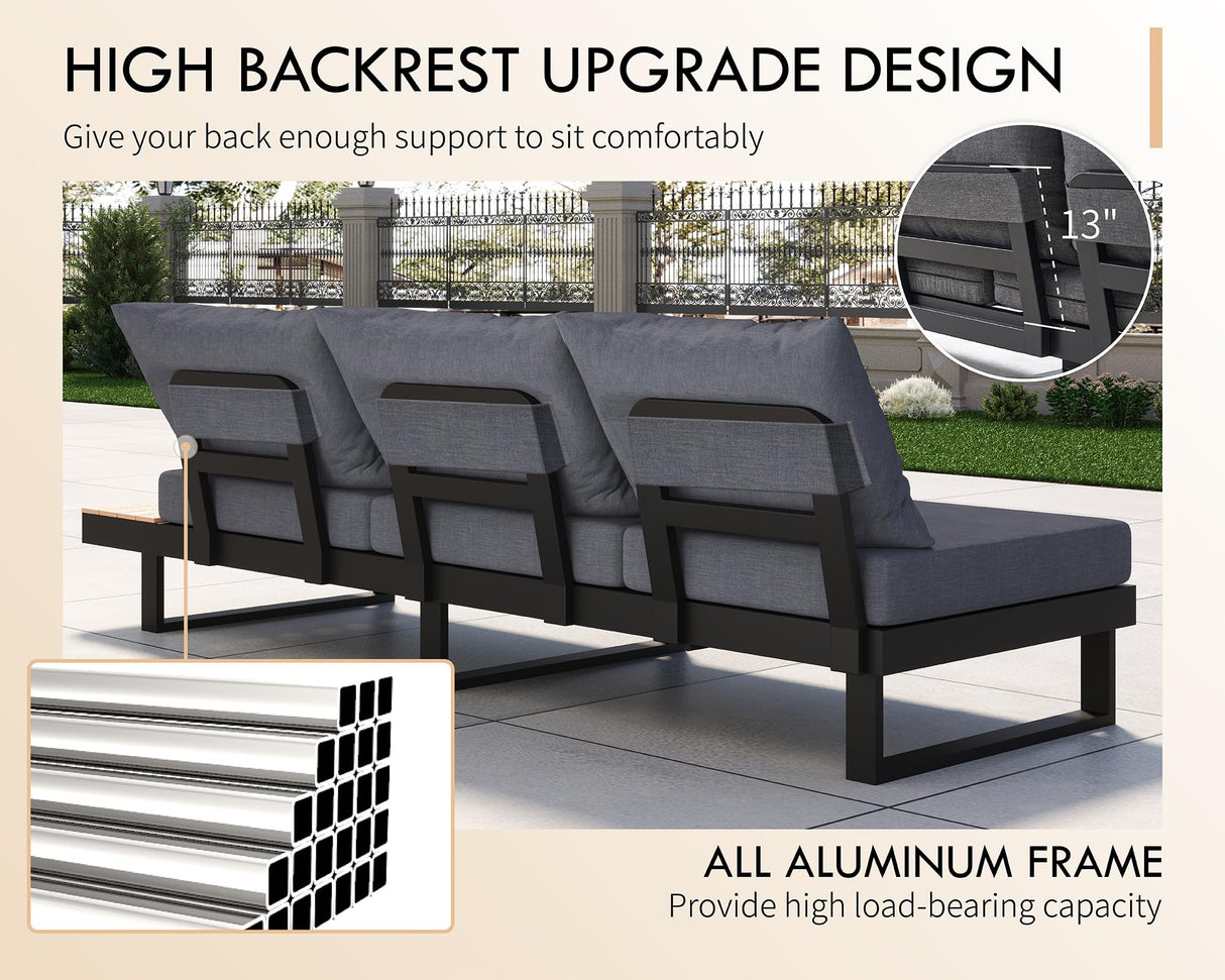 PaPaJet Aluminum Patio Conversation Set with Adjustable Backrest, 6 Piece Modern Outdoor Furniture Set with Wood Side Table for Backyard Poolside Porch, Gray PaPaJet