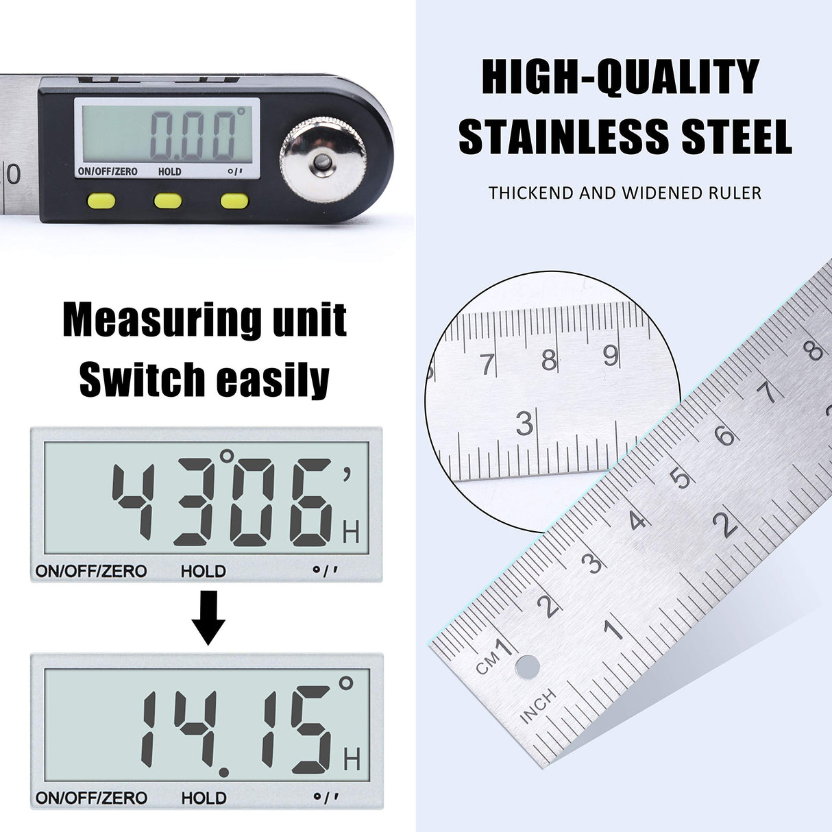 Yangoutool Digital Angle Ruler 20inches/500mm Stainless Steel Digital Angle Finder and Protractor Large Gauge Precision Measuring Tool for Woodworking Metalworking and Construction Yangoutool