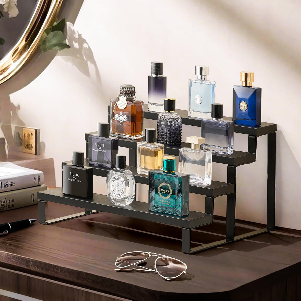 Wood Cologne Organizer for Men,12 Inch 4 Tier Cologne Stand Waterproof Perfume Organizer for Dresser with Anti-Slip Washers,Wooden Display Risers Stand for Party,Makeup,Figures,Cupcake,Perfume,Dessert HomePekite