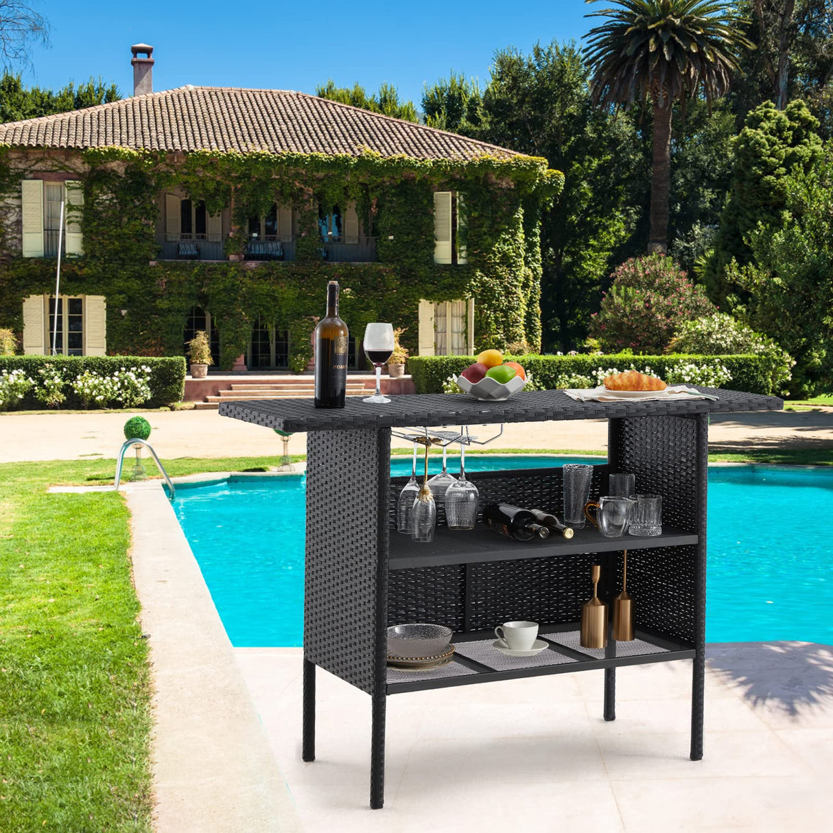 ECOTOUGE Outdoor Patio Wicker Bar Counter Table, Rattan Storage Furniture with Steel Shelves & Hanging Wine Glasses, 54.7"x18.1"x36.8" (L x W x H) Ideal for Garden, Backyard and Pool Side, Black ECOTOUGE