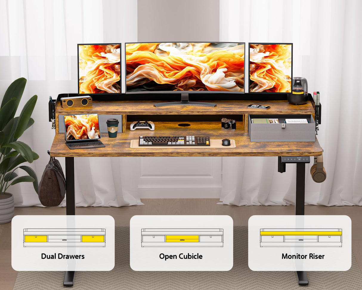 WALKINGDESK 48x24 Inches Electric Standing Desk with 2 Drawers, Height Adjustable Stand up Desk for Home Office, Ergonomic Sit to Stand Desk with Storage Shelf, DIY Board, Hooks, Rustic Brown WALKINGDESK