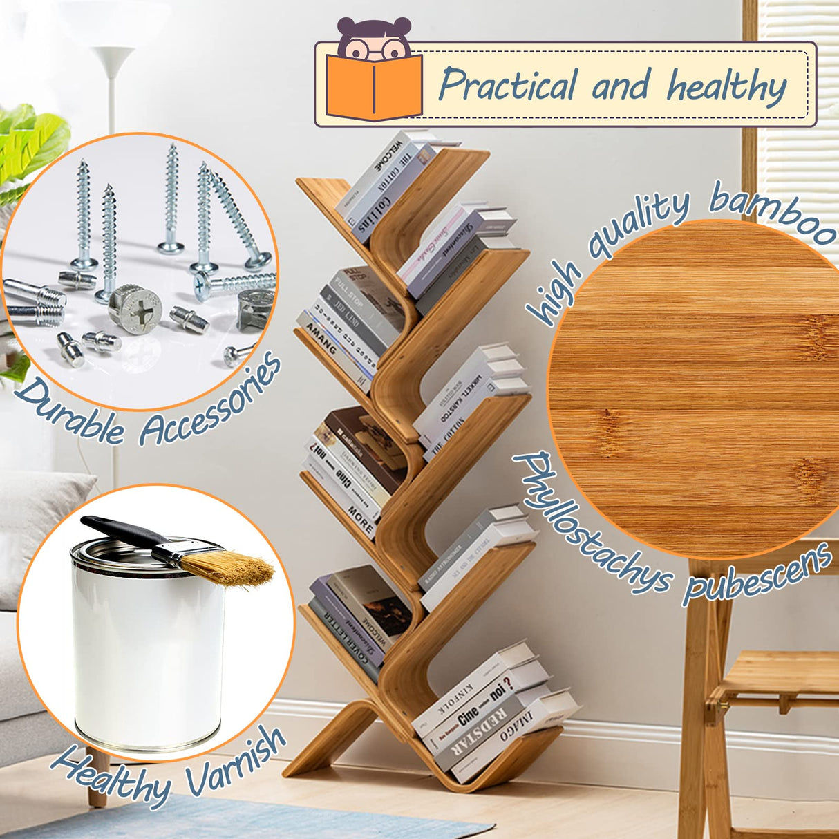 Bamboo Tree Bookshelf, 8-Tier Wood Bookcase, Free Standing Book Organizer Shelves, Books/Albums/Files Holder Display Storage Rack Space Saver for Living Room Bedroom-Log 55x23x5inch HM&DX