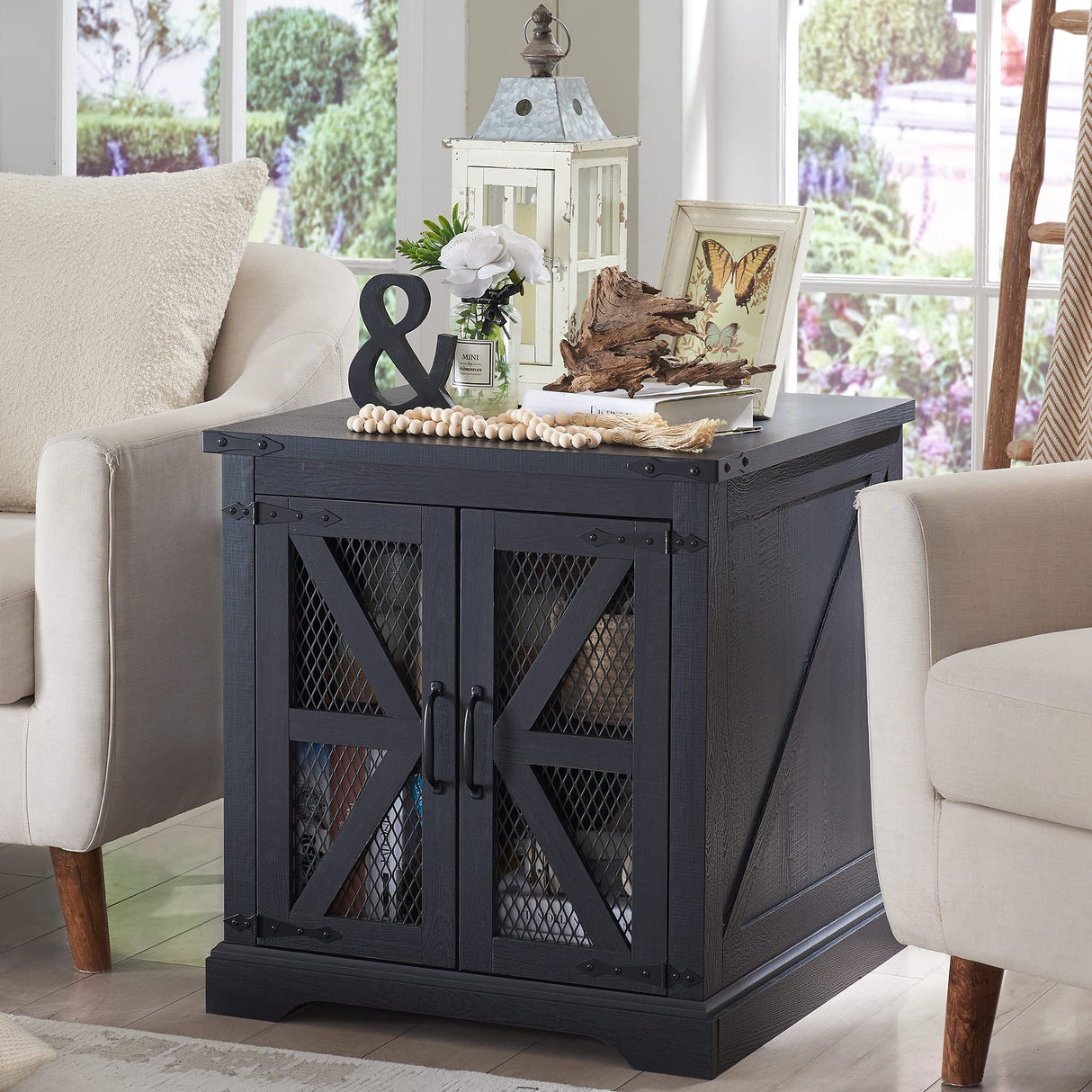 ACCOHOHO 24" Farmhouse End Table - Wood Large Sofa Side Table with Charging Station, Mesh Barn Door, and Adjustable Storage Shelf, Rustic Square Nightstand for Living Room, Bedroom, Antique Black ACCOHOHO