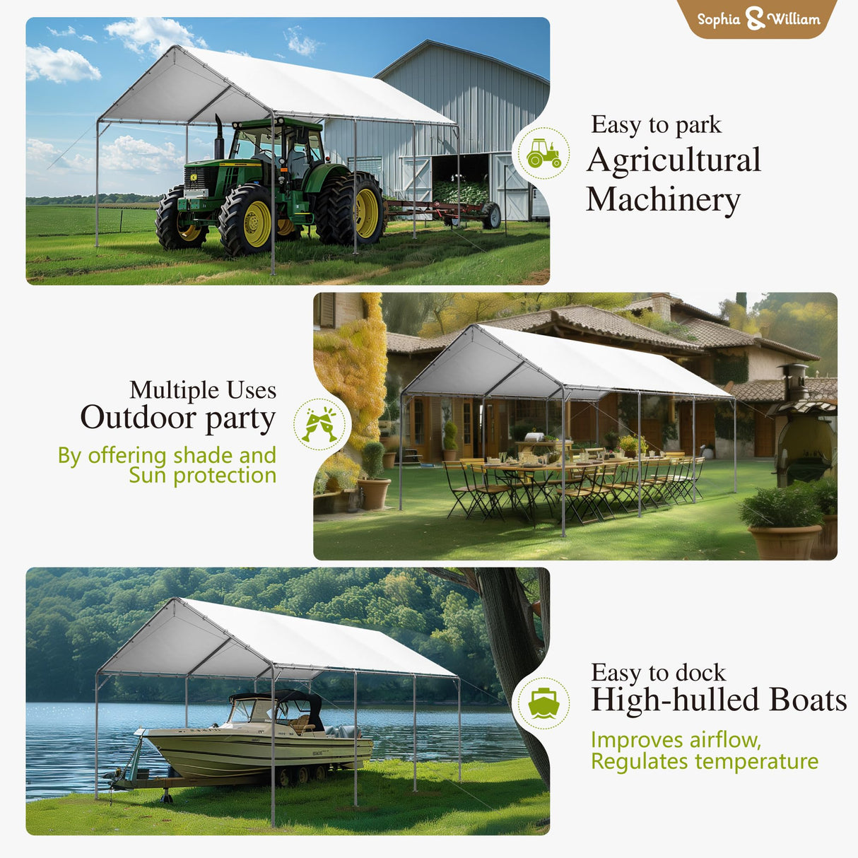 Carport Car Port Canopy 12x20 ft Heavy Duty, Portable Garage Shelter Logic Car Tents Carpas para Carros All Weather for Truck Boat, Galvanized Steel Frame Carports Height Adjustable White Sophia & William