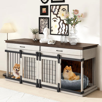 Erinnyees Solid Wood Dog Crate Furniture, 72.4" Wooden Indoor Dog Kennel Furniture for Large Dogs, Heavy Duty Dog Crates with Divider, Indoor Dog Cage Furniture TV Stand with Sliding Doors and Drawers