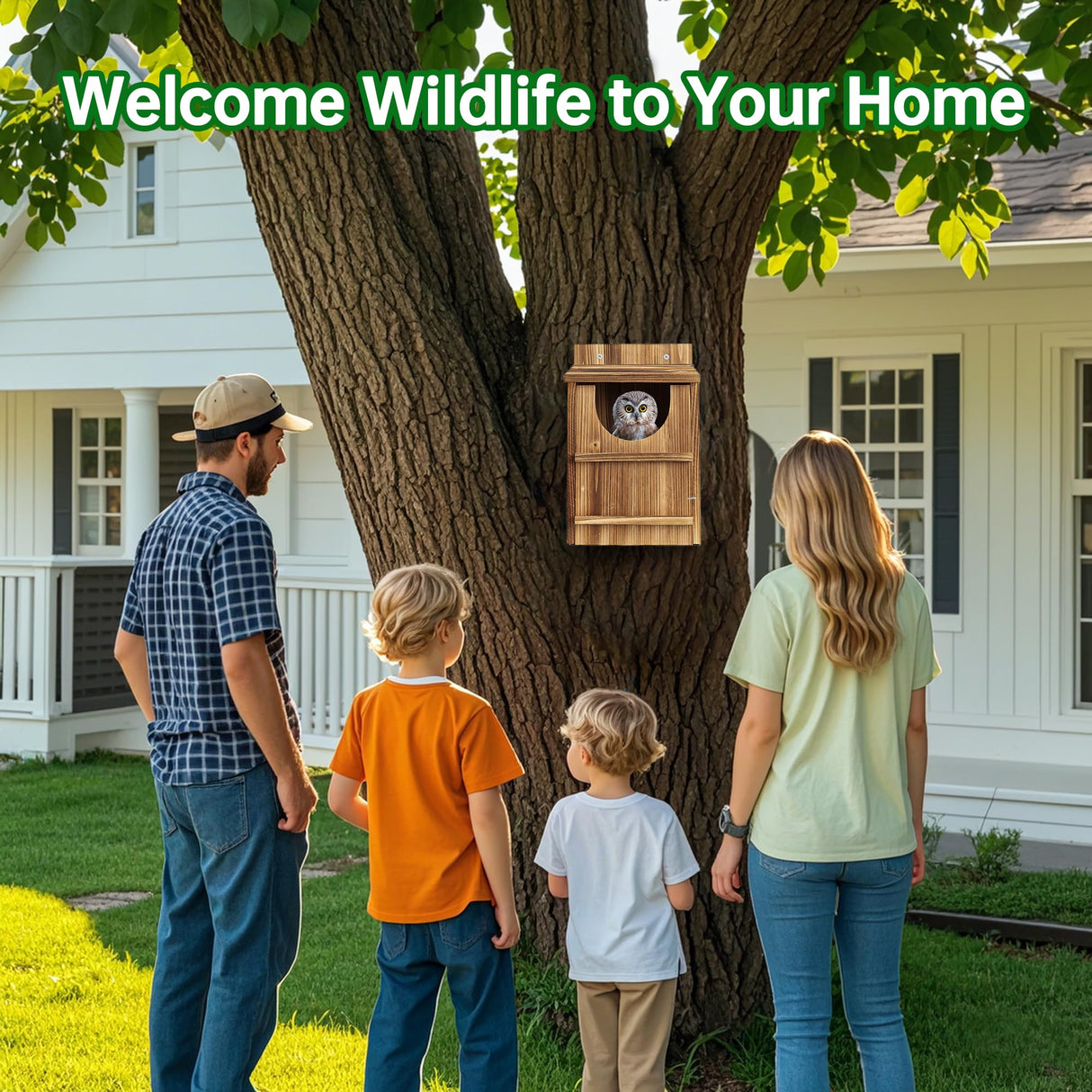 UUMENHA Owl House,Carbonized Cedar Large Owl Bird Box with Shavings,Owl Boxes for Outside 14.5×9×7.5 inches,Owl Nesting Box for Wildlife Lovers,Easy Assembly Required UUMENHA