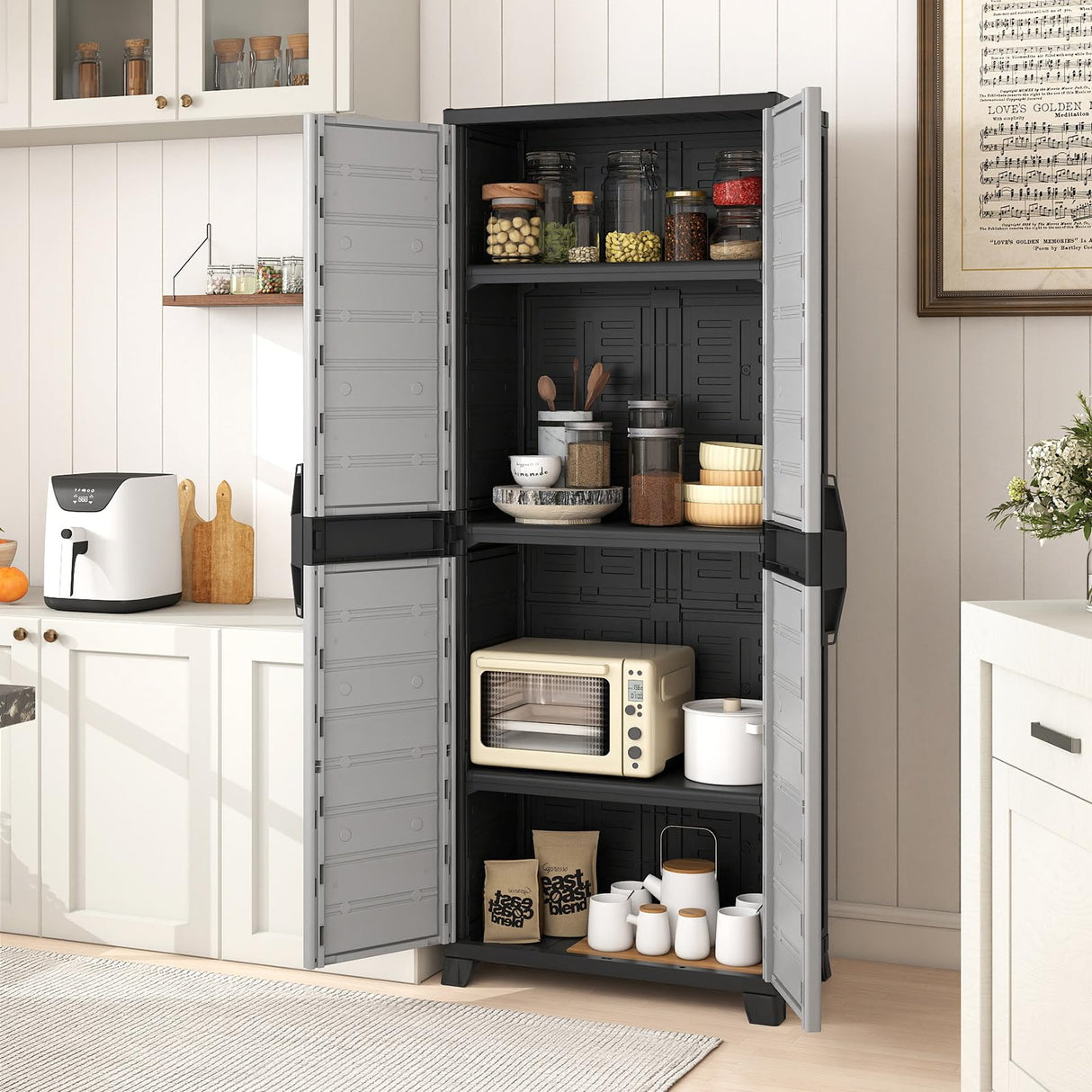 LOKO 68” Plastic Storage Cabinet, Vertical Storage Shelving Unit with Lockable Double Doors & Adjustable Shelves, Utility PP Garage Storage Organizer for Office, Basement and Laundry Room, Grey LOKO