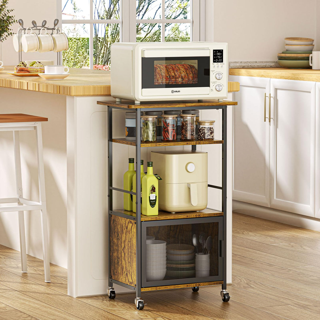 Bliesosfud Kitchen Microwave Cart with Single Door Cabinet,4 Tier Rolling Microwave Stand with Storage,Small Kitchen Island with Adjustable Shelf, Kitchen Coffee Cart Rack for Living Dining Room Bliesosfud