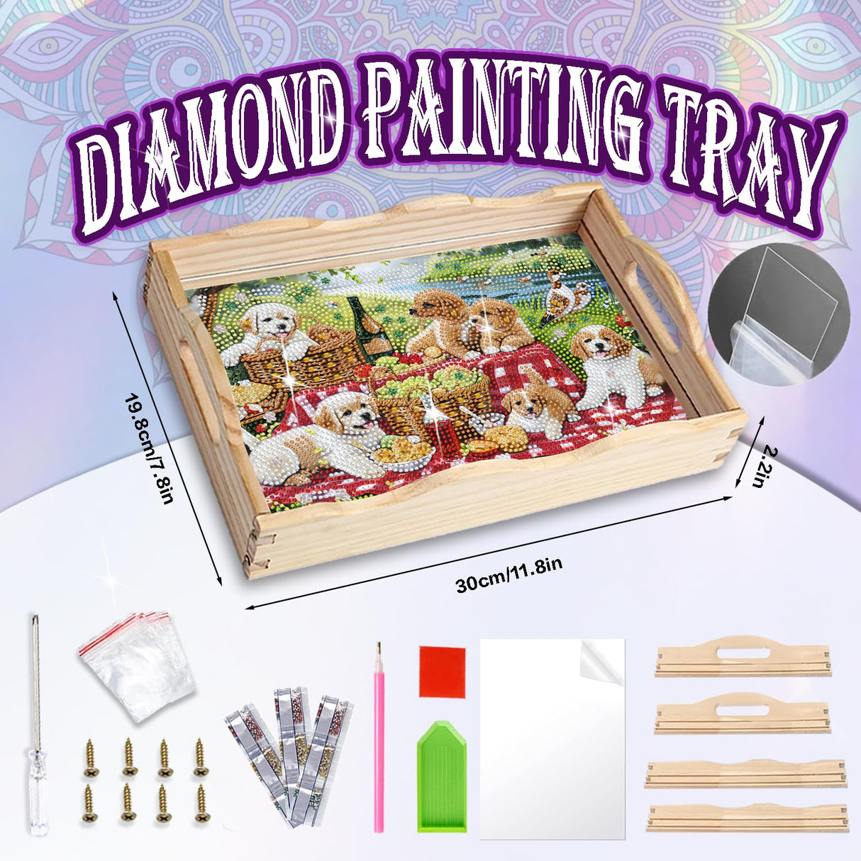 EWJRNSF Diamond Art Kits for Adults Wooden Serving Trays with Handles, 5D Diamond Painting Big Gem Arts and Craft Gifts Trays Decor Gift Home Decor 7.8x11.8 Inches Dog A EWJRNSF