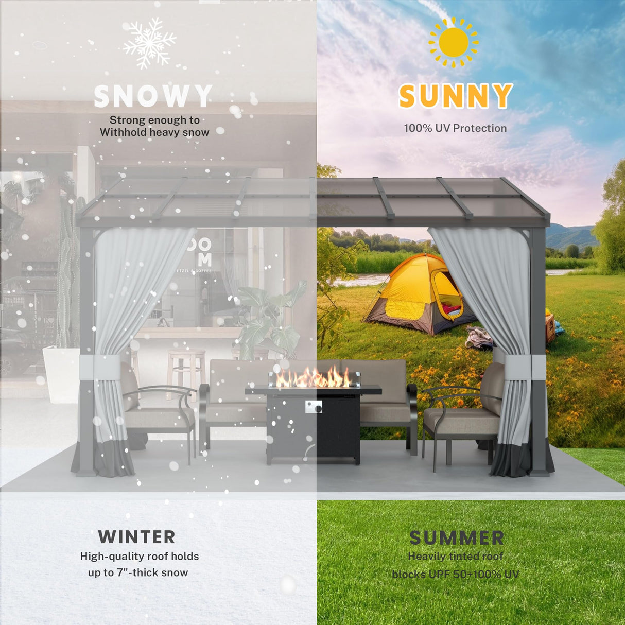 RTDTD 10' x 12' Gazebo,Hard Top Lean to Gazebo Wall Mount Heavy Hardtop Gazebo Outdoor Pergola with Curtains and Netting for Patio Garden Lawn Backyard Deck (Grey) RTDTD