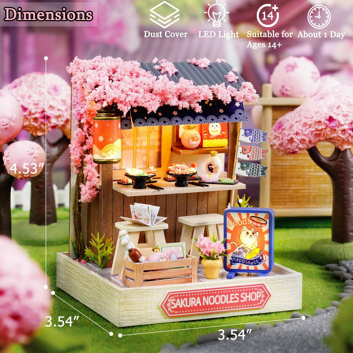 TuKIIE DIY Miniature Dollhouse Kit with Furniture, 1:24 Scale Creative Room Mini Wooden Doll House Plus Dust Proof for Kids Teens Adults(Sakura Noodles Shop) TuKIIE