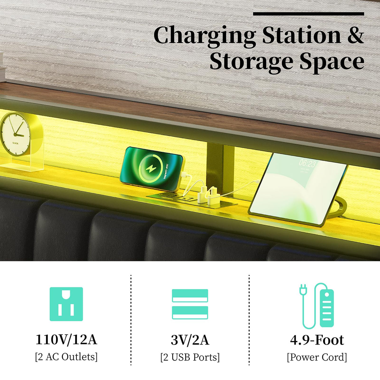 LUXOAK Rustic Brown King Size Metal Bed Frame with LED Light and PU Leather Headboard, Charging Station & 2-Tier Storage LUXOAK
