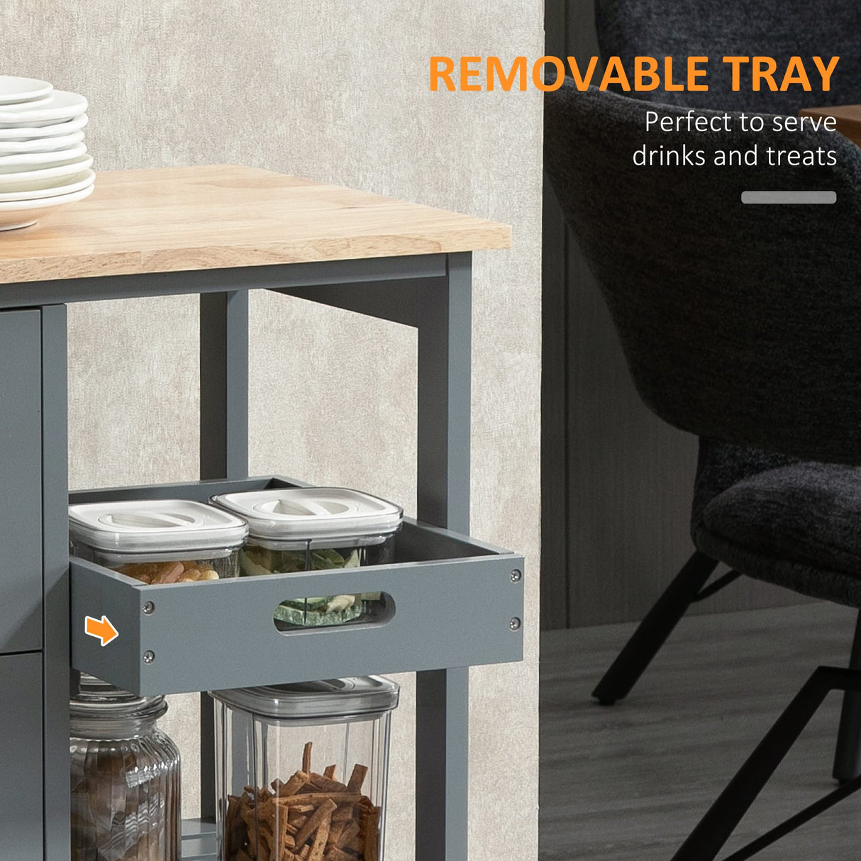 HOMCOM Rolling Kitchen Island Cart, Bar Serving Cart, Compact Trolley on Wheels with Wood Top, Shelves & Drawers for Home Dining Area, Grey HOMCOM